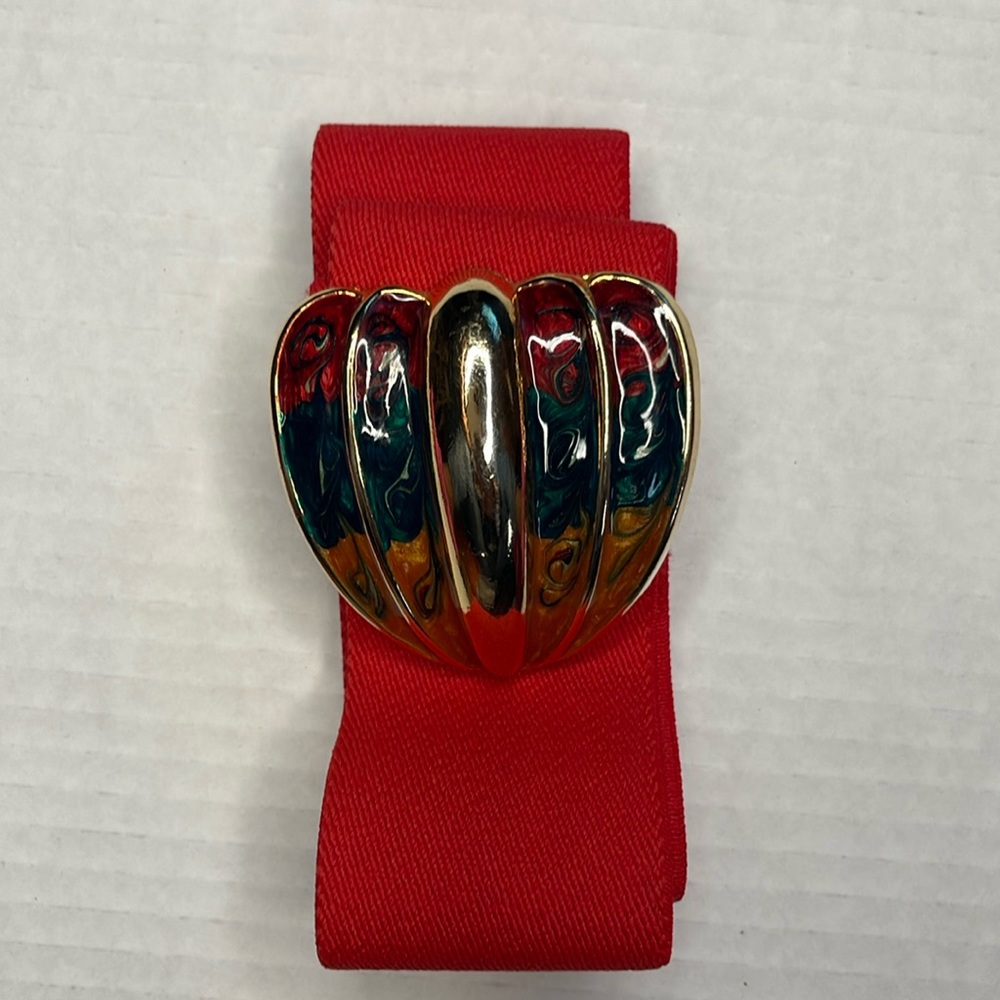 Day-Lor Vintage Belt Enamel Colorful Buckle Red  Stretch 80’s Size Small